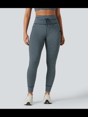 High-Rise Drawstring Striped Yoga Performance Leggings - Oceanic Teal